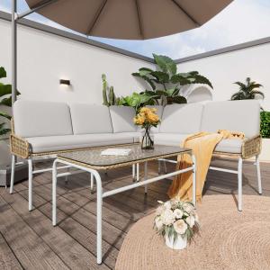 Poly-Rattan-Garnitur für Garten, Lounge-Set mit Ecksofa, Ti…