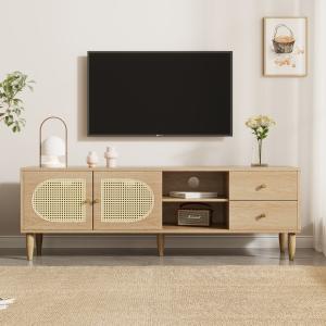 Rattan-TV-Schrank 150×40×50 cm, Mit 2 Rattantüren, 2 Schubl…