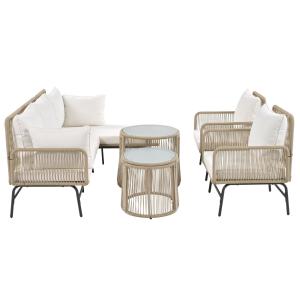 6-teiliges Gartenlounge-Set, handgewebtes Seil mit Eisenrah…