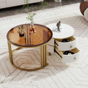 2-in-1 Runder Couchtisch aus MDF mit Glasplatte und Schubla…