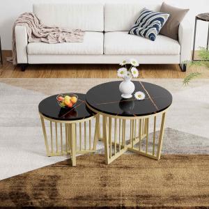 Hochglanz-Marmor-Optik Couchtisch-Set mit Goldenen Eisenbei…