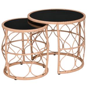 Outsunny Beistelltisch 2er-Set Rattan mit Glasplatte, stape…