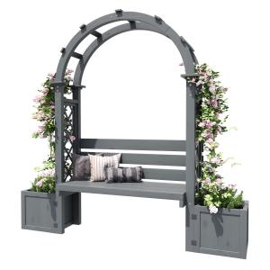 Pergola-Bank mit Pflanzkästen und geschwungenem Rankgitter,…