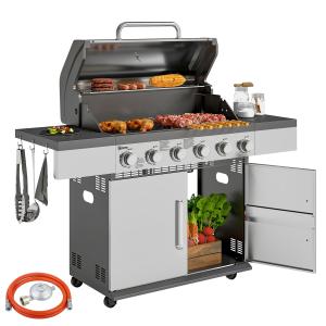Outsunny Gasgrill 8500BTU Grillwagen inkl 6 Edelstahl-Brenn…