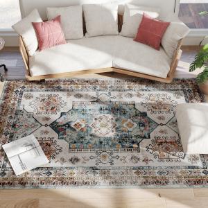HOMCOM Vintage Teppich Rutschfest und Waschbar, Kurzflor Te…
