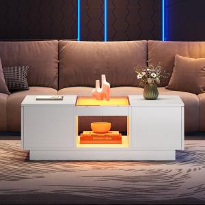 Weißer Couchtisch mit Glasverkleidung, LED-Beleuchtung, App…