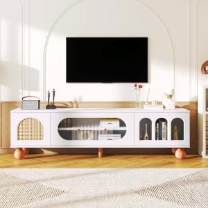 TV-Schrank mit Rattan-Optik, Glasschiebetüren, goldenen Gri…