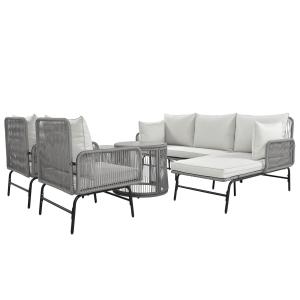 6-teiliges Gartenlounge-Set, handgewebtes Seil mit Eisenrah…
