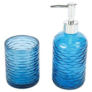 Badezimmer-Set blau Edelstahl Glas