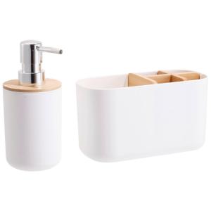 Badezimmer-Set weiß natur Kunststoff Bambus